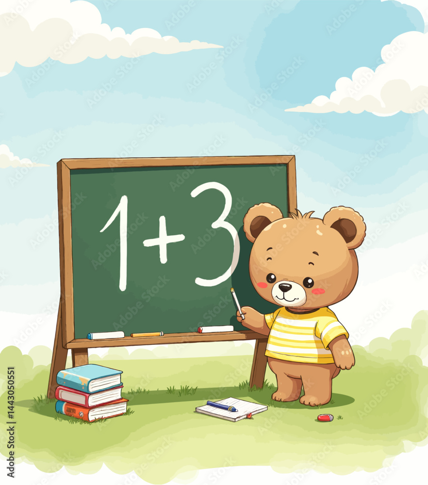 Cartoon Bear Teaches Math on Chalkboard Outdoors