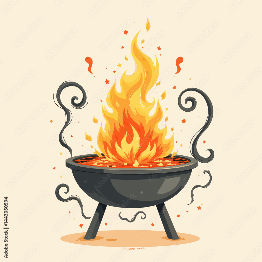 Cartoon BBQ grill with vibrant flames and smoke swirls