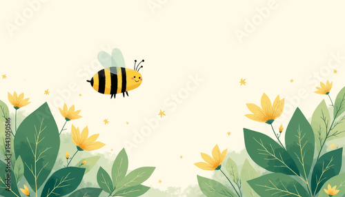 Obraz na płótnie Cartoon Bee Flying Above Yellow Flowers and Green Leaves w salonie