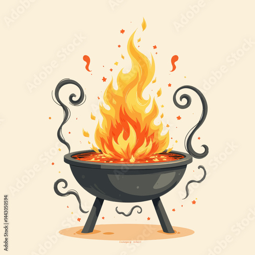 Obraz na płótnie Cartoon BBQ grill with vibrant flames and smoke swirls w salonie