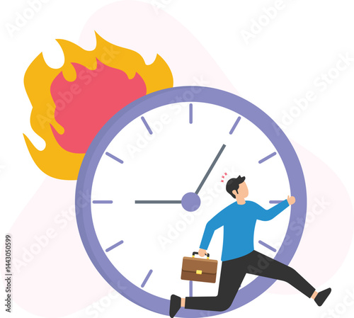 Businessman sprinting with a briefcase, escaping a burning clock, embodying urgency and pressure in the context of time management and deadlines in a fast-paced work environment

