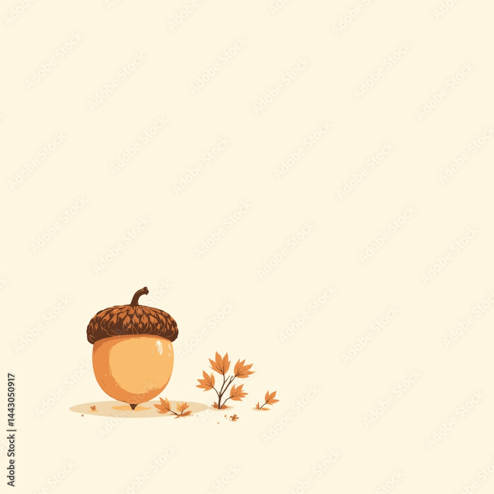 Cartoon Acorn with Seedling and Fallen Leaves