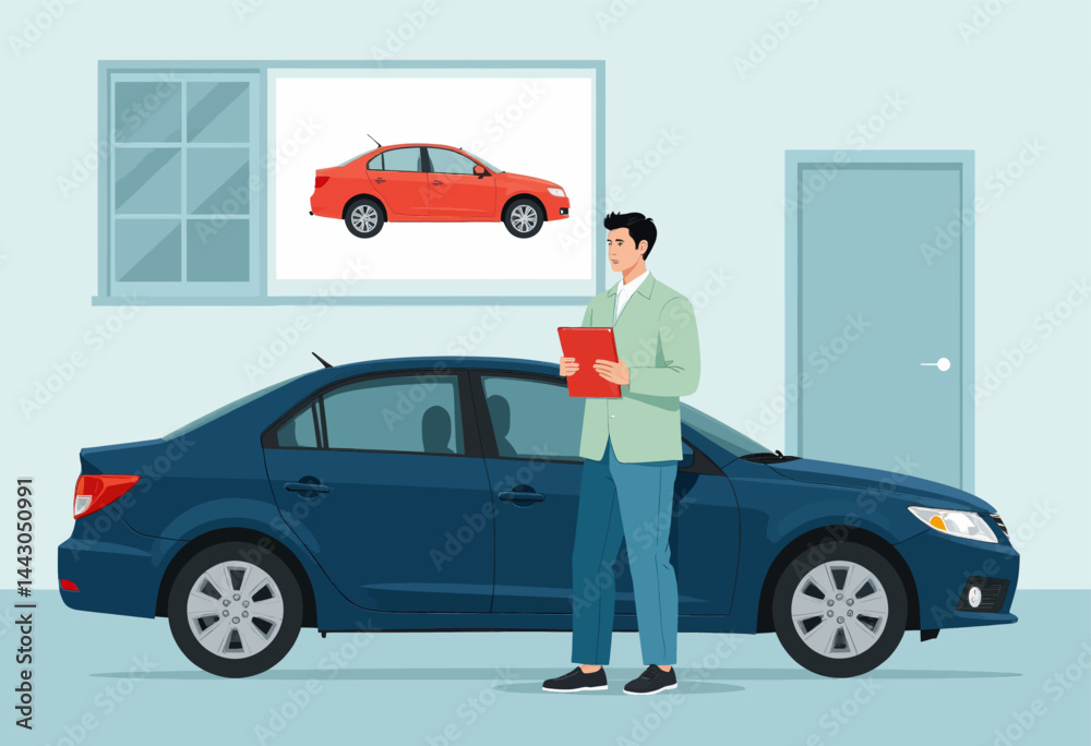 Car Salesman with Clipboard and Blue Sedan Car
