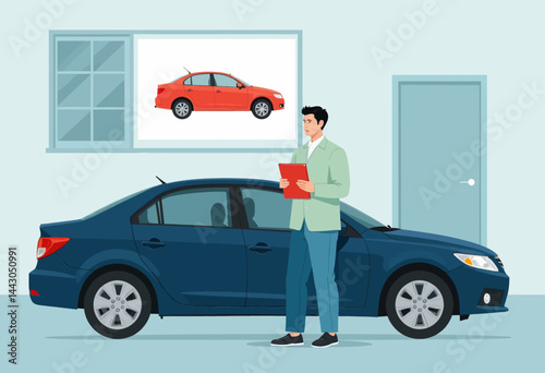 Obraz na płótnie Car Salesman with Clipboard and Blue Sedan Car w salonie
