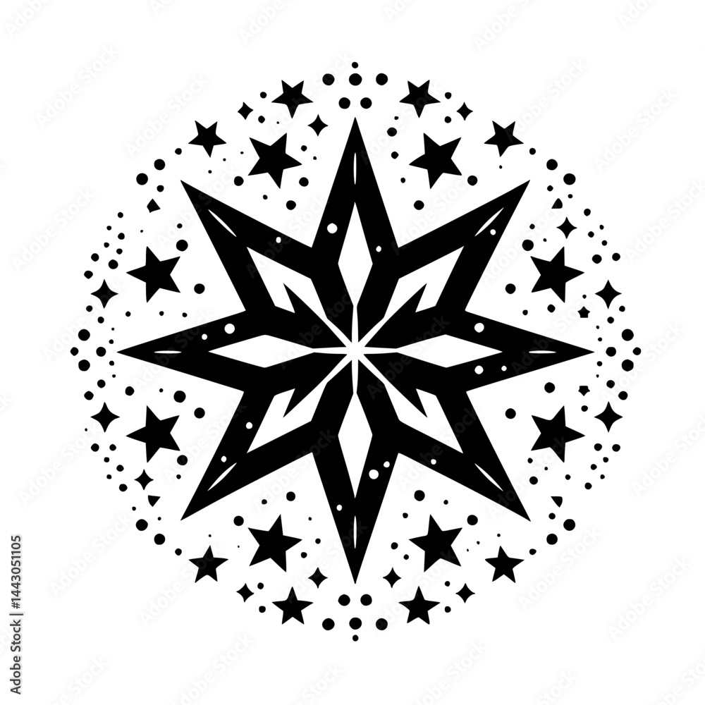 Fototapeta premium Modern Black and White Geometric Star Pattern with Small Stars and Dots on White Background - Stylized Celestial Decoration Graphic Element
