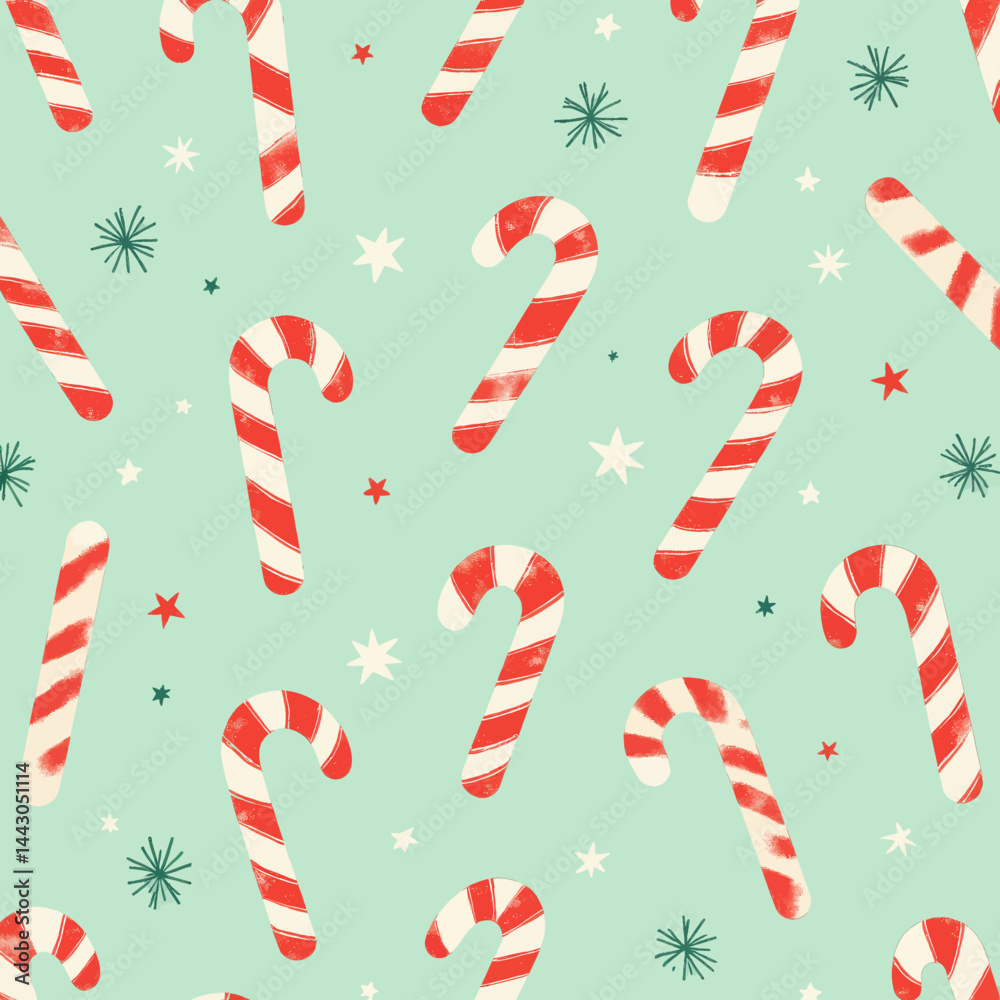 Candy cane pattern on mint green background with stars