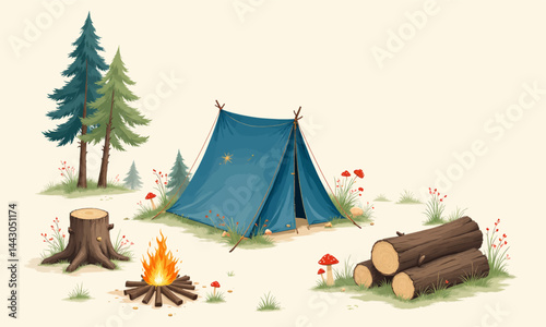 Obraz na płótnie Camping Scene with Blue Tent, Campfire, and Mushrooms w salonie