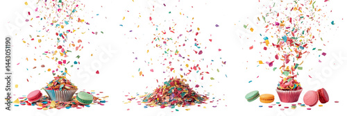 Set of confetti falling on a cupcake isolated on a transparent background
