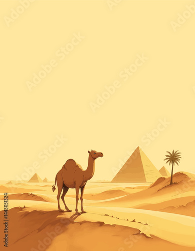 Camel in Egyptian Desert with Pyramids and Palm Tree