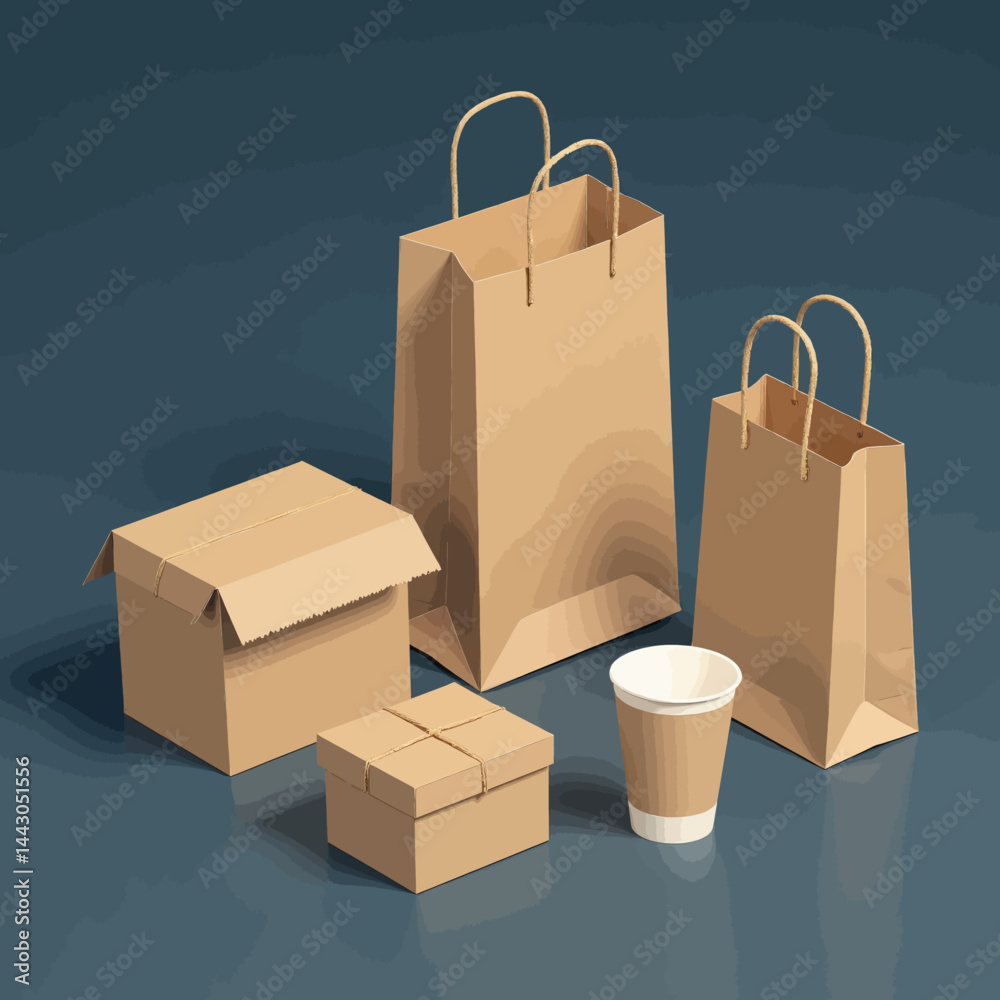 Brown paper bags, boxes, and coffee cup on blue background