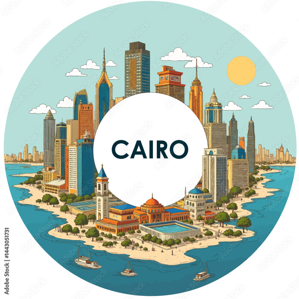Cairo Skyline Cartoon with Nile River and Buildings