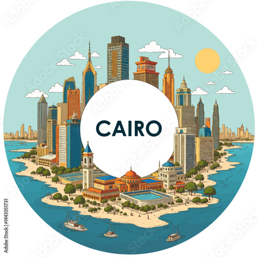 Obraz na płótnie Cairo Skyline Cartoon with Nile River and Buildings w salonie