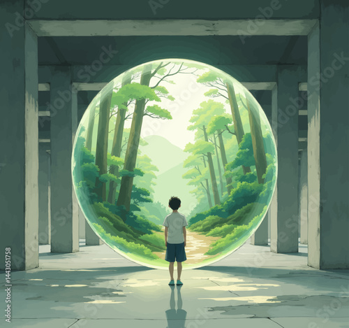 Obraz na płótnie Boy Gazing at Forest Inside a Bubble in Concrete Structure w salonie