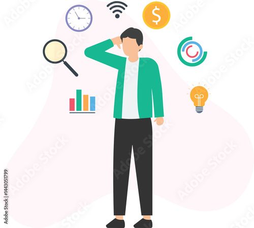 Young businessman scratching his head, thinking about a work strategy, surrounded by icons representing time, money, ideas and data analysis


