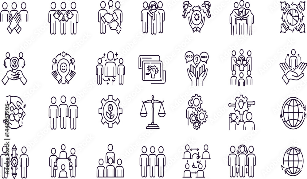 Diversity and inclusion line icon set. Vector pictograms of unity, equality, multicultural collaboration, raised fists, interconnected hands Diversity and inclusion line icon set. Vector pictograms of unity, equality, multicultural collaboration, raised fists, interconnected hands