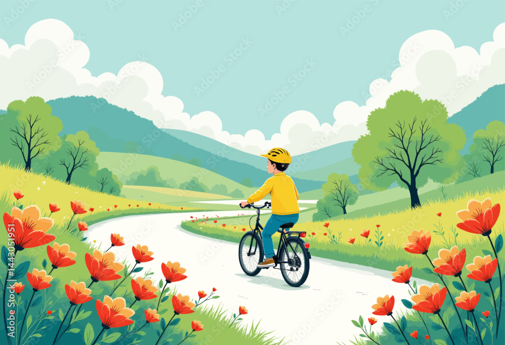 Boy cycling on flower-lined path, wearing a yellow helmet