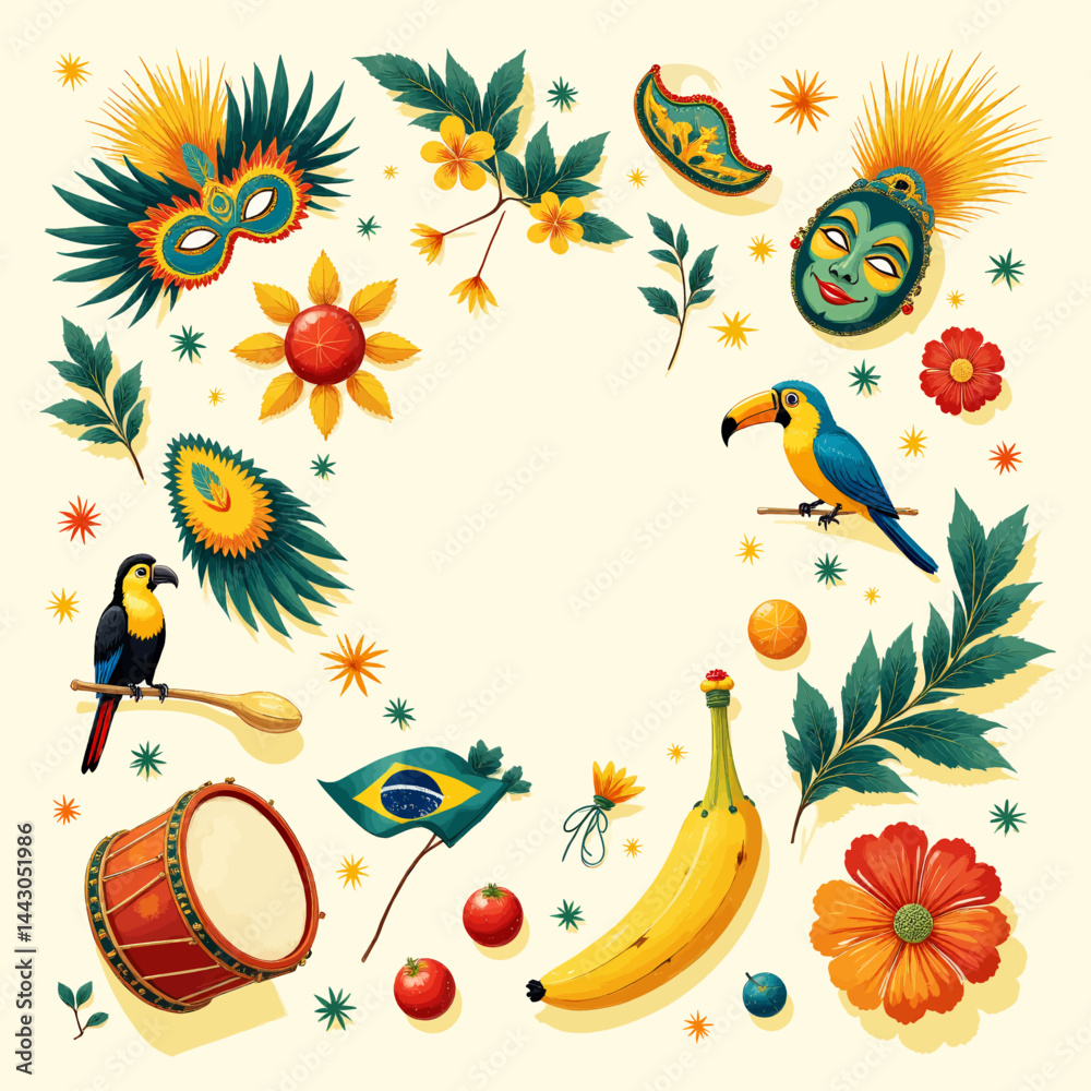 Brazilian Carnival Celebration with Masks and Toucans