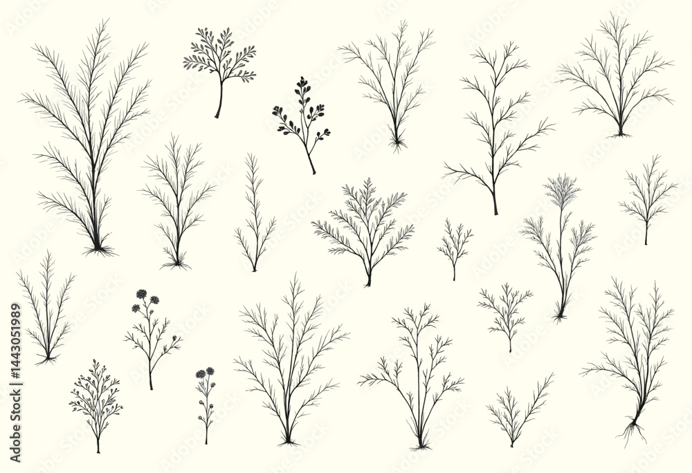 Botanical seamless pattern, black twigs on cream background