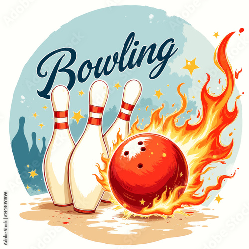 Bowling ball engulfed in flames with pins and stars