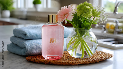 Elegant Bathroom Setup with Pink Liquid Soap, Fresh Flowers, and Soft Towels on Marble Surface
