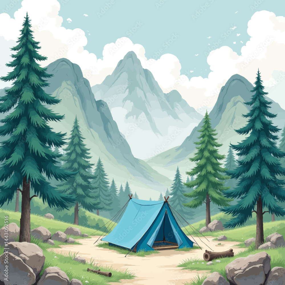 Blue Tent in Mountain Landscape with Pine Trees