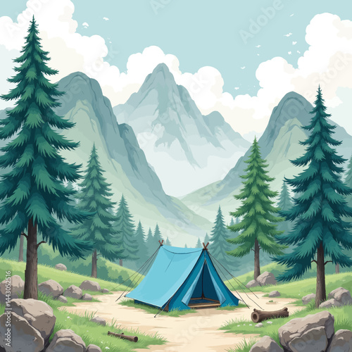 Obraz na płótnie Blue Tent in Mountain Landscape with Pine Trees
w salonie