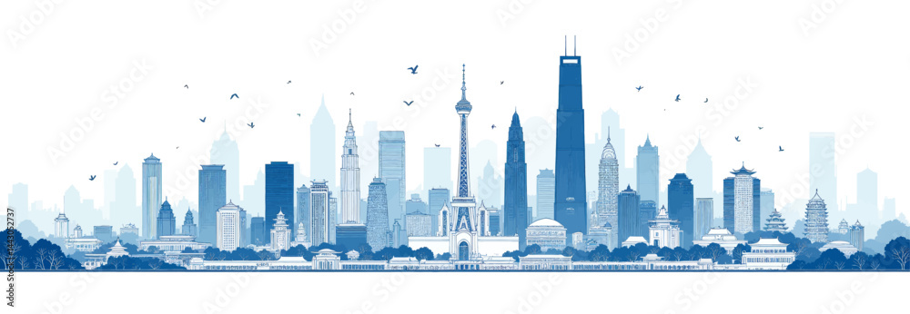 Blue Shanghai Skyline Silhouette with Birds Flying