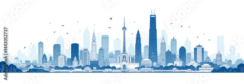 Obraz na płótnie Blue Shanghai Skyline Silhouette with Birds Flying w salonie