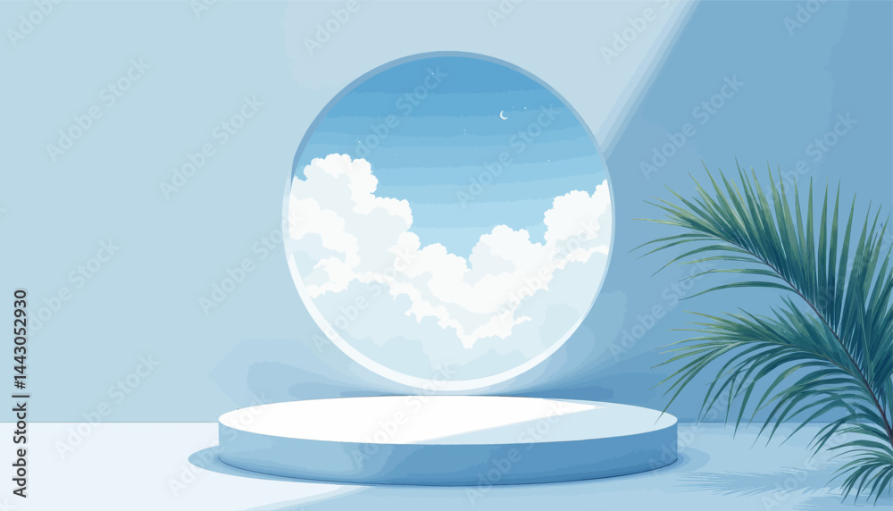 Blue Podium with Sky View and Palm Frond