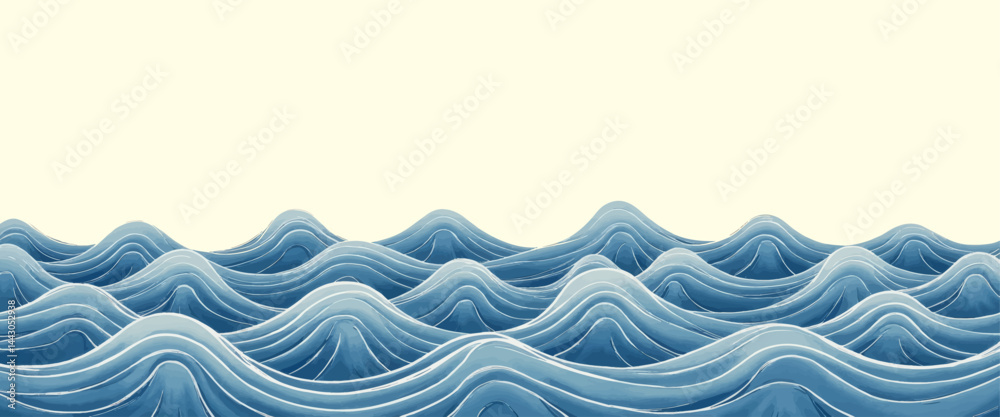Blue ocean waves with white lines on cream background