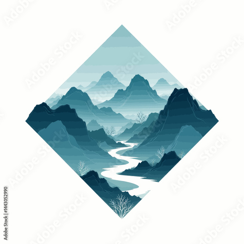 Obraz na płótnie Blue Mountain Range with River in Diamond Shape w salonie