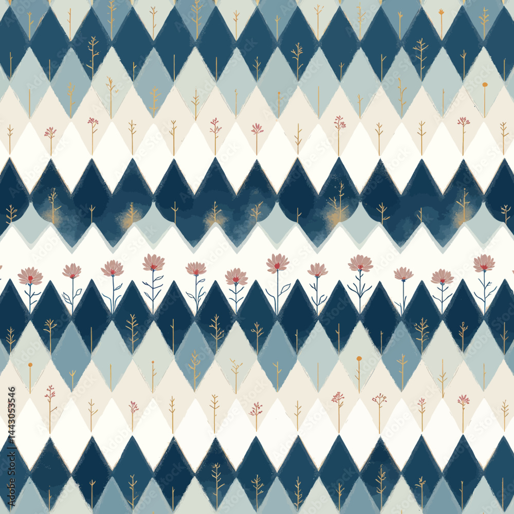 Blue diamond pattern with flowers and gold trees