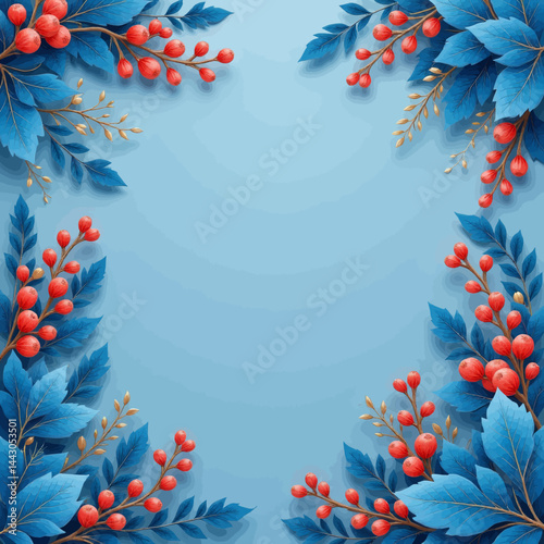 Blue foliage with red berries frame on light blue