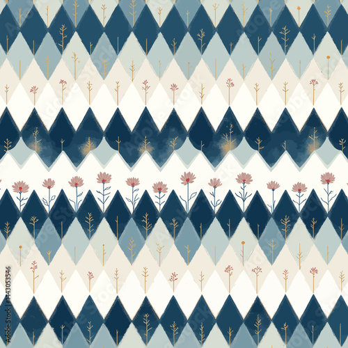 Obraz na płótnie Blue diamond pattern with flowers and gold trees w salonie