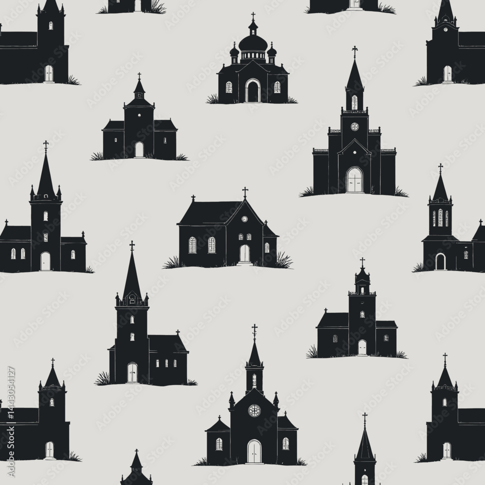 Black church silhouettes on light gray seamless pattern