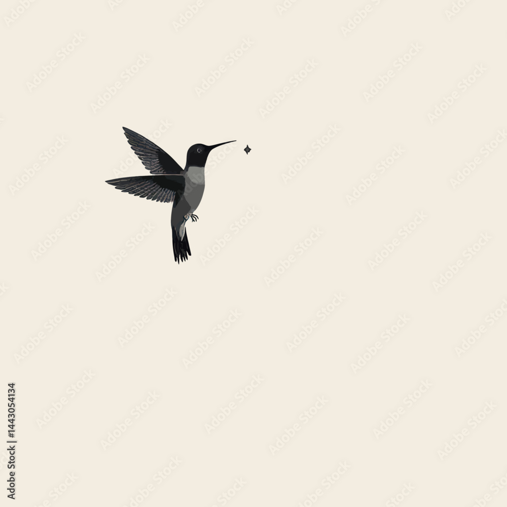 Black-chinned hummingbird with nectar droplet on beige