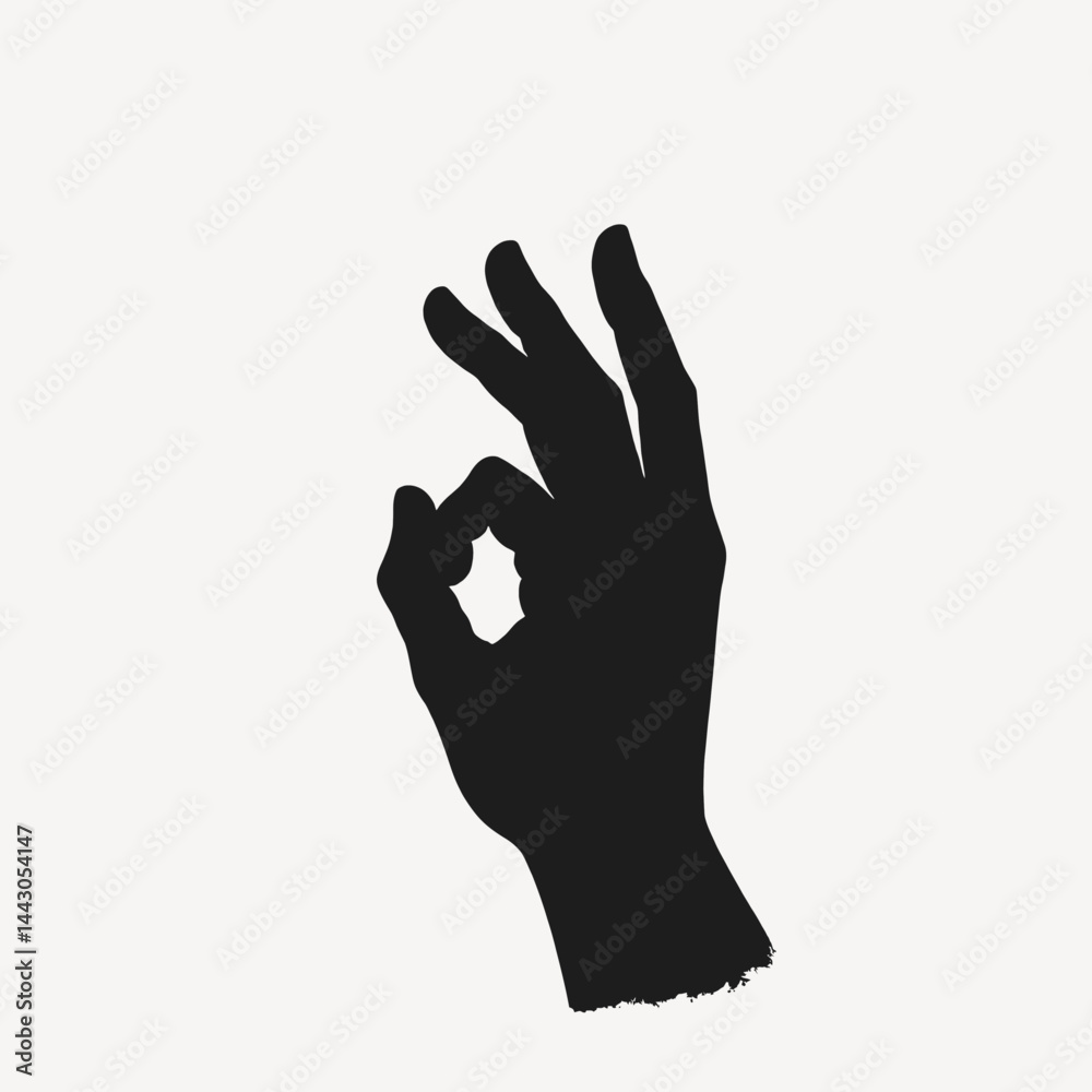 Black silhouette hand gesture, OK symbol on white