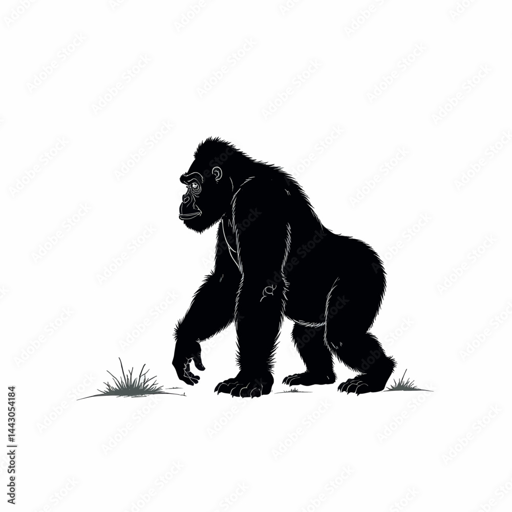 Black Gorilla Silhouette Walking on White Background