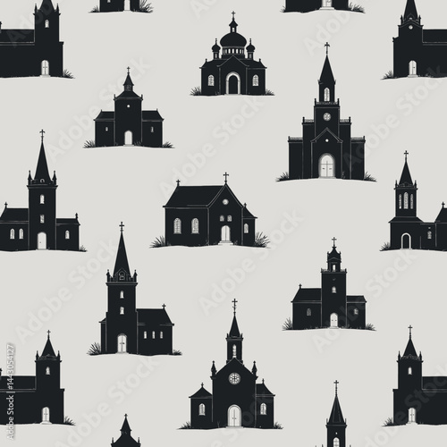Obraz na płótnie Black church silhouettes on light gray seamless pattern w salonie