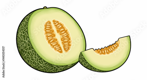 Half of a Santa Claus watermelon and a separate wedge are presented in a vector illustration style with bold lines and vibrant colors, on a transparent background.