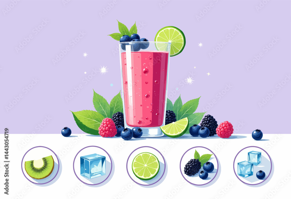 Berry smoothie with lime and fruit icons on light purple