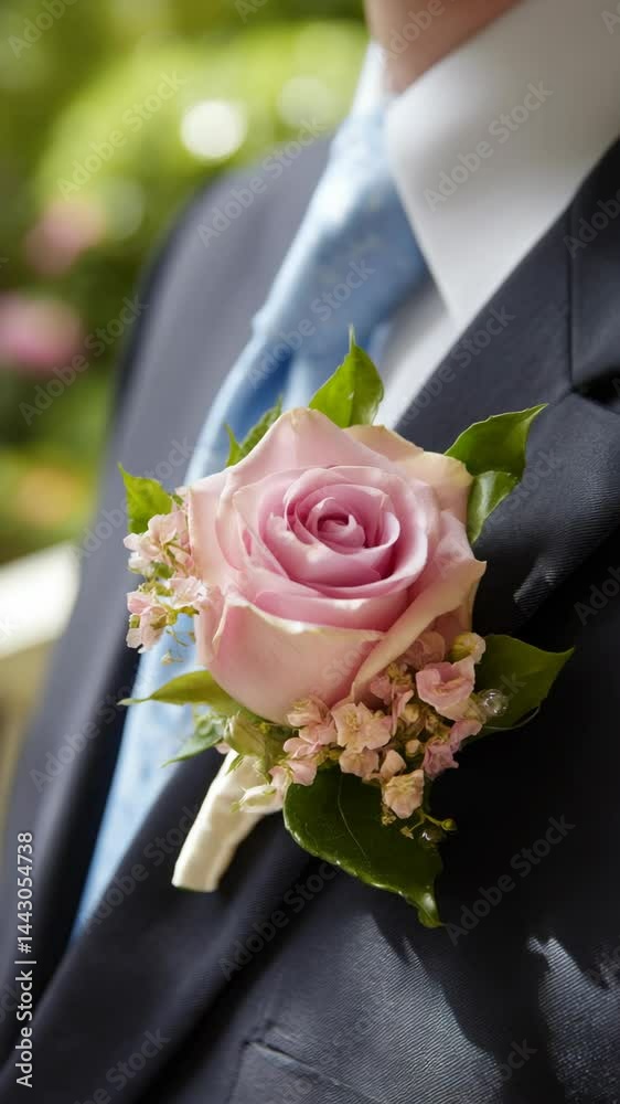 Elegant pink rose boutonniere pinned to the lapel of a dark suit, a light blue tie is partially visible adding a touch of color.