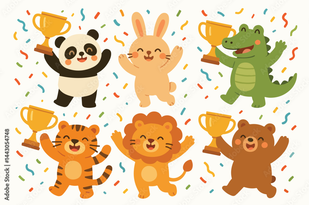 Naklejka premium Set of flat vector illustrations in simple animal winners, panda bunny crocodile tiger lion and bear rejoice and hold winner's cups, confetti