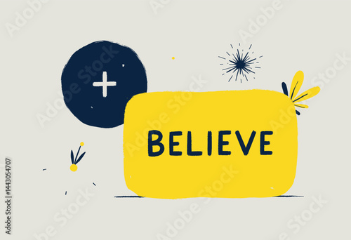 Obraz na płótnie Believe Yellow Graphic with Floral and Plus Sign Elements w salonie