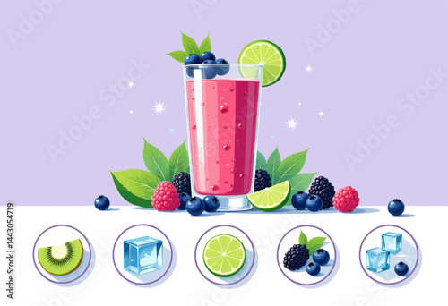 Obraz na płótnie Berry smoothie with lime and fruit icons on light purple w salonie