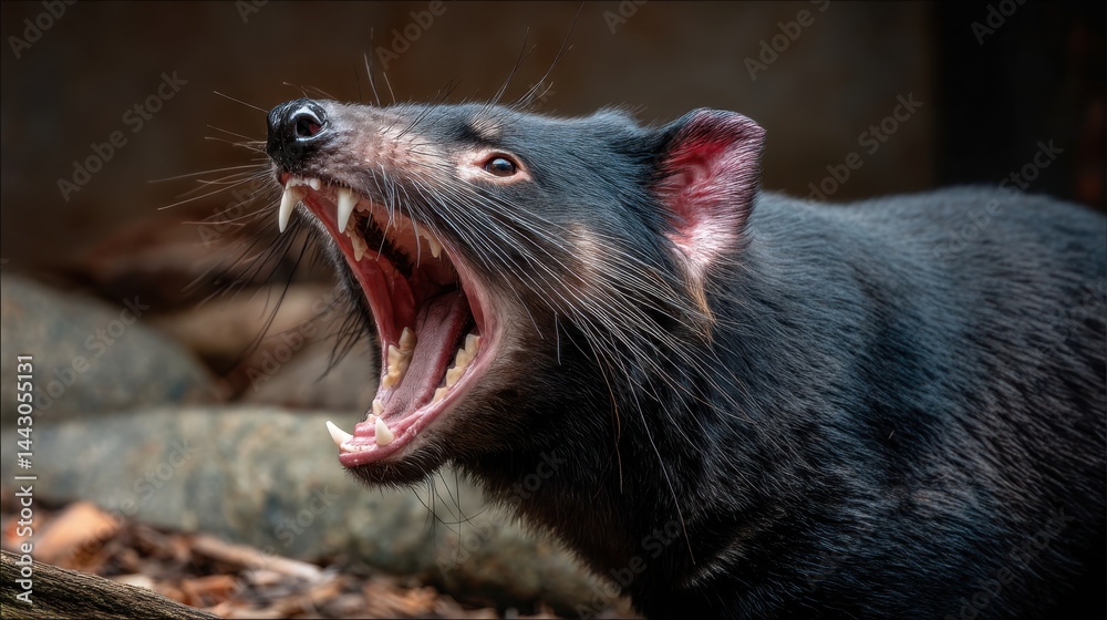 Obraz premium Tasmanian Devil Roaring: Ferocious Wildlife Portrait
