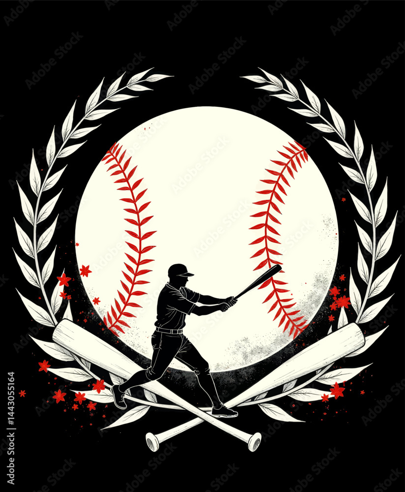 Baseball player silhouette with bat, floral wreath, and baseball