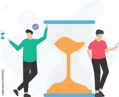  Businessman standing atop an hourglass, using a telescope to search for money, illustrating the concept of time as a valuable resource in finance and investment strategies

