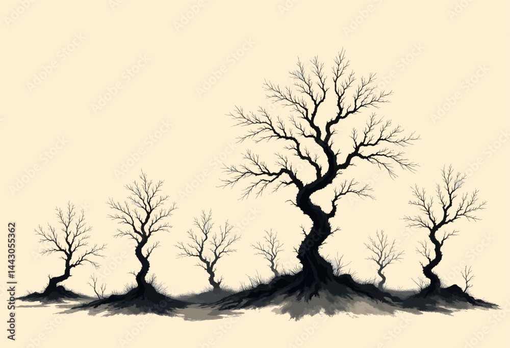 Bare Trees Silhouette Landscape on Beige Background