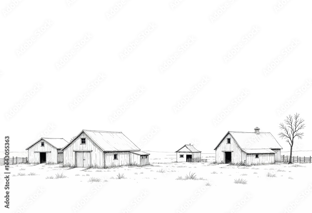 Barns in a Field, Black and White Sketch Illustration